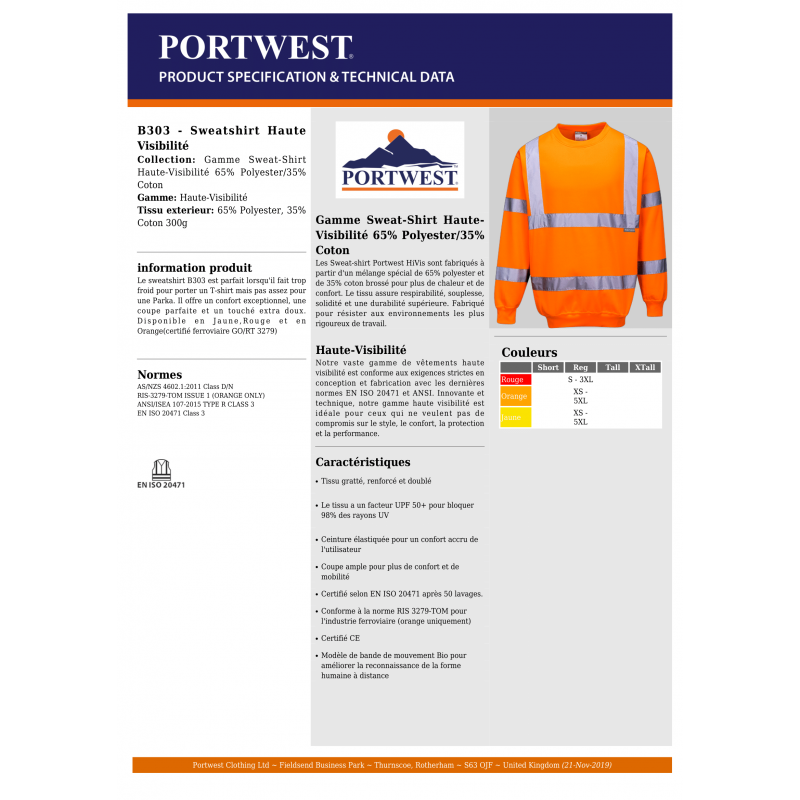 SWEAT HAUTE VISIBILITÉ PORTWEST