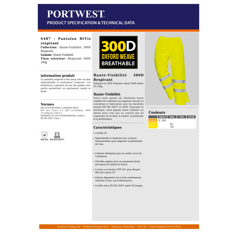 PANTALON RESPIRANT HAUTE VISIBILITÉ...
