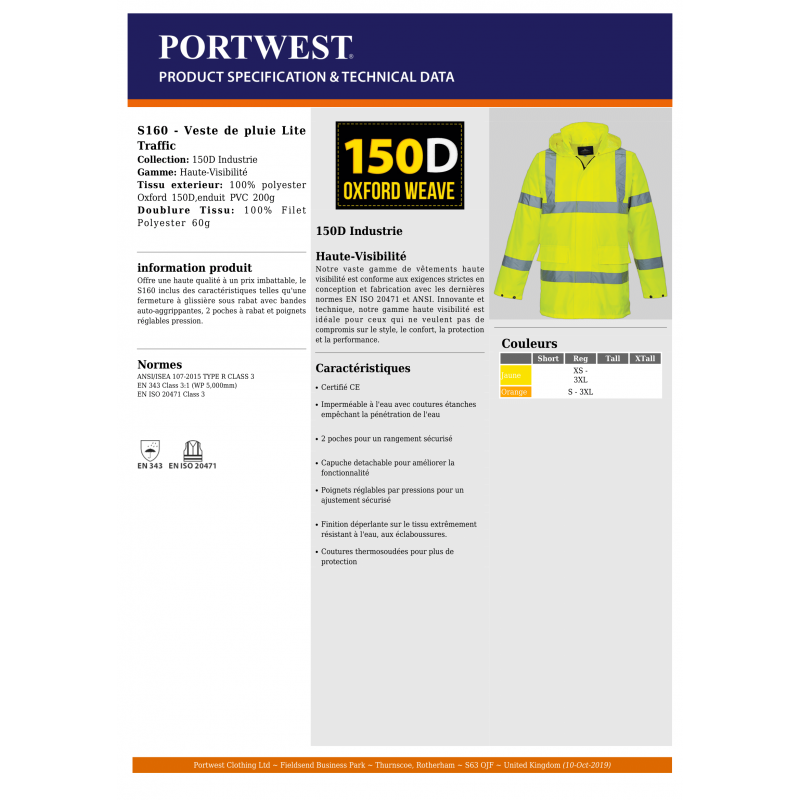 VESTE DE PLUIE HAUTE VISIBILITÉ PORTWEST