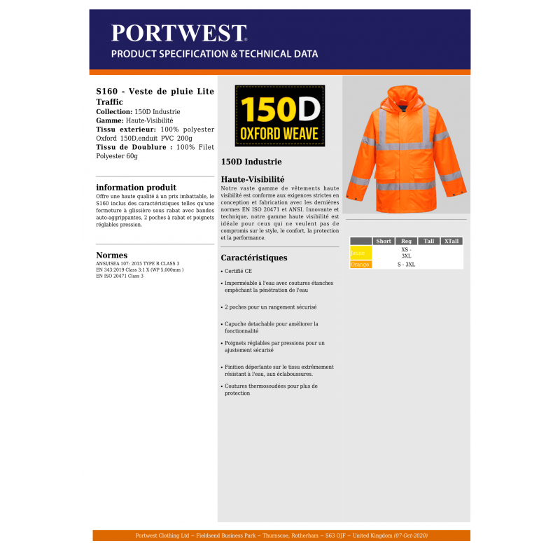 VESTE DE PLUIE HAUTE VISIBILITÉ PORTWEST