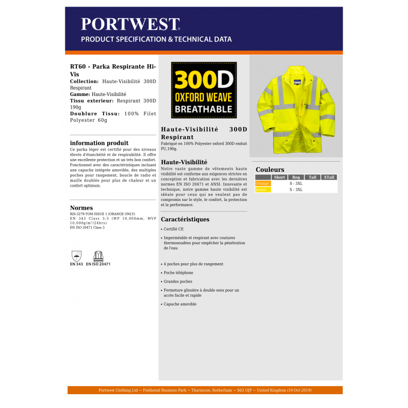 VESTE DE PLUIE RESPIRANTE HAUTE...