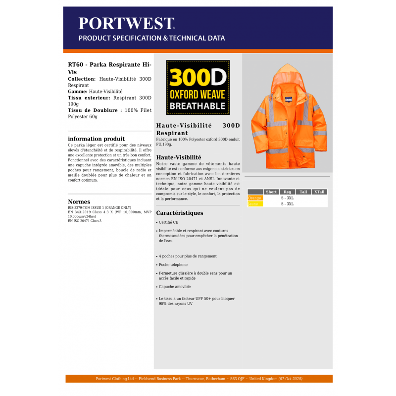 VESTE DE PLUIE RESPIRANTE HAUTE...