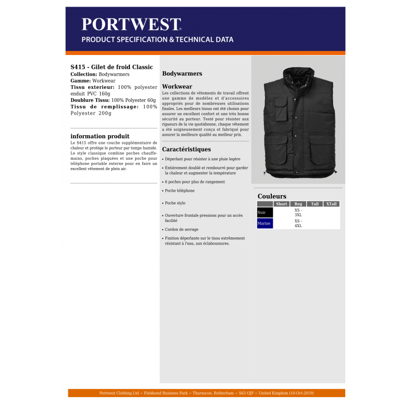GILET HIVER DE  TRAVAIL PORTWEST