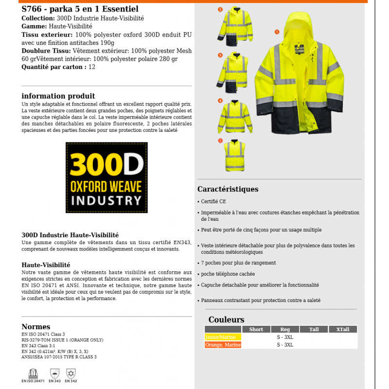 PARKA DE TRAVAIL HV 5 EN 1 PORTWEST
